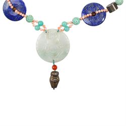 Chinese stone set necklace, with carved buddha disc, carved agate rabbits, lapis lazuli bi disc beads, coral and other hardstone beads