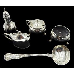 Three piece silver cruet by Reid & Sons Ltd, London 1915, Victorian silver sauce ladle by The Portland Co, London 1859 and a silver mustard hallmarked, approx 10.2oz