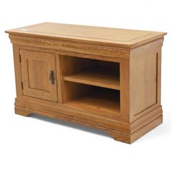 Oak Furnitureland - television and media cabinet, rectangular top with framed edge, fitted with single cupboard and open shelved section, on a stepped and shaped plinth