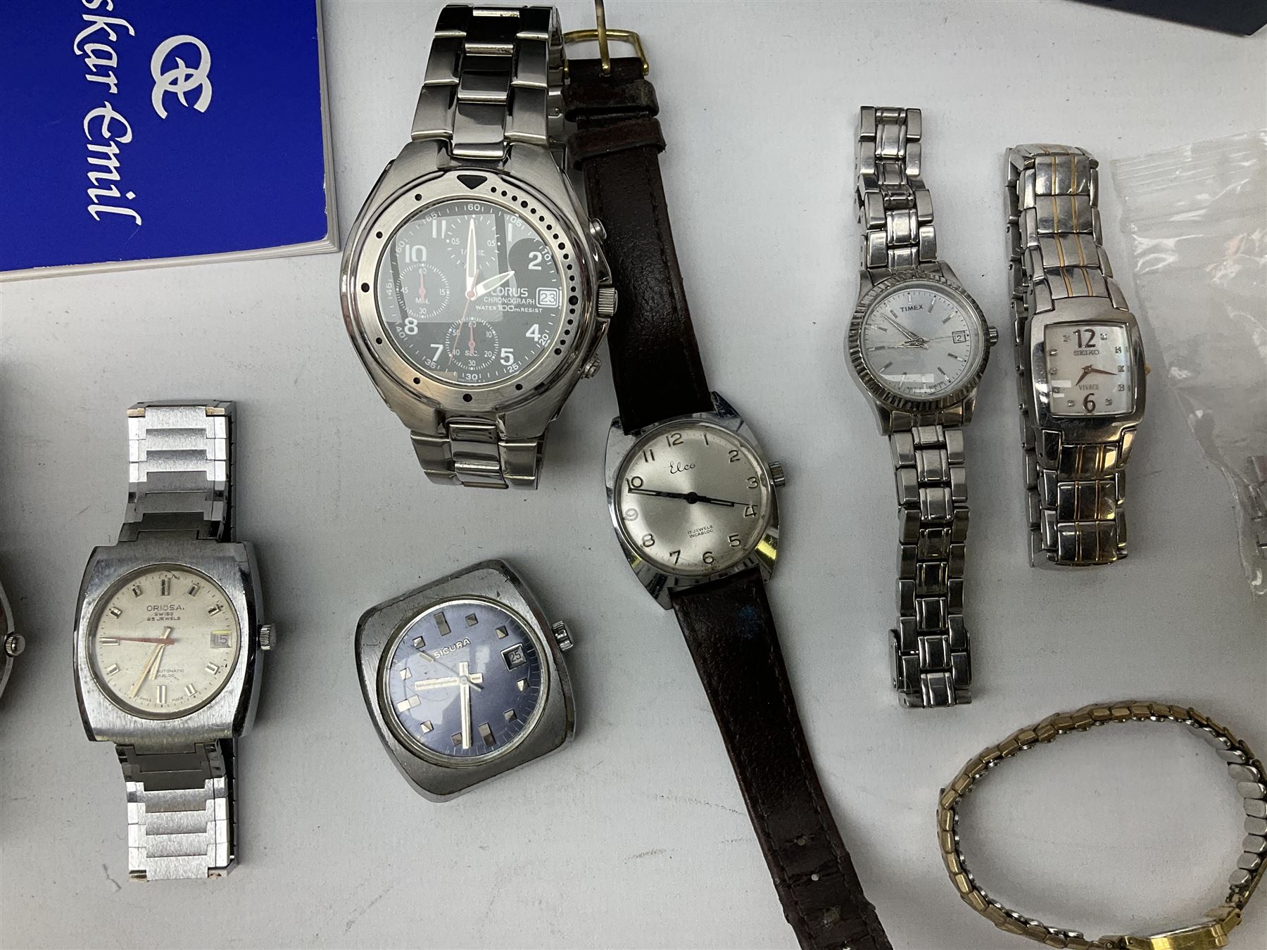 Collection of wristwatches including Accurist World Time chronograph quartz, Lorus chronograph 100m stainless steel quartz, Oskar Emil Torrini, two Citizen automatics, Seiko ladies Vivace, Titus, Limit and Tissot