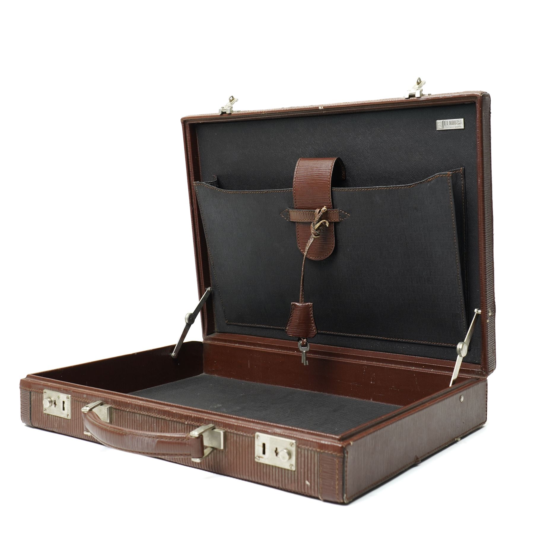 Fendi structured briefcase, brown FF monogram embossed leather with linear texture and single rolled leather top handle, silver-tone hardware, the hinged frame secured by two central push-lock clasps and supplied with two keys stamped CGV, the interior lined in black cross-grain leather with document compartments and metal plaque stamped FENDI S.A.S. ROMA MADE IN ITALY, W42cm D32cm H8cm