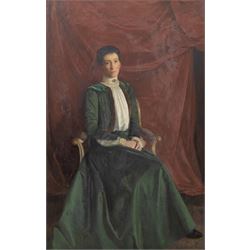 Noel Denholm Davis (British 1876-1950): Portrait of 'Mrs J.P. Chaworth Musters' (neé Mary Anne Sharpe) of Annesley Park, oil on canvas signed and dated 1902, titled on plaque 171cm x 110cm