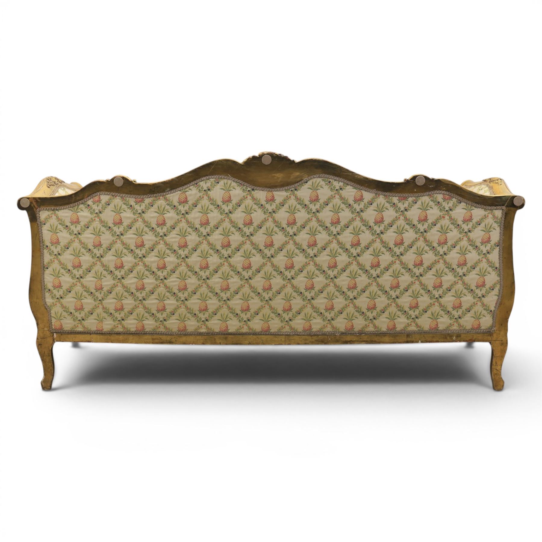 Louis XV design giltwood framed settee, the frame with applied foliate detail,  three loose seat cushions, upholstered in pineapple patterned fabric
