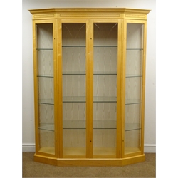  Maple and inlaid birdseye maple display cabinet, projecting cornice, four doors enclosing glass shelves, plinth base, W153cm, H195cm, D52cm   