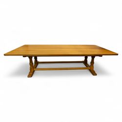 Wrenman - 10' x 5' adzed oak twin pillar dining table, with signature Wren carving on sleigh base, by Bob Hunter of Thirlby's workshop