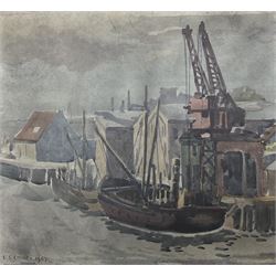 After Laurence Stephen Lowry RBA RA (Northern British 1887-1976): The Shipyard, watercolour bearing signature and dated 1959, with similar watercolour verso 28cm x 30cm (unframed)