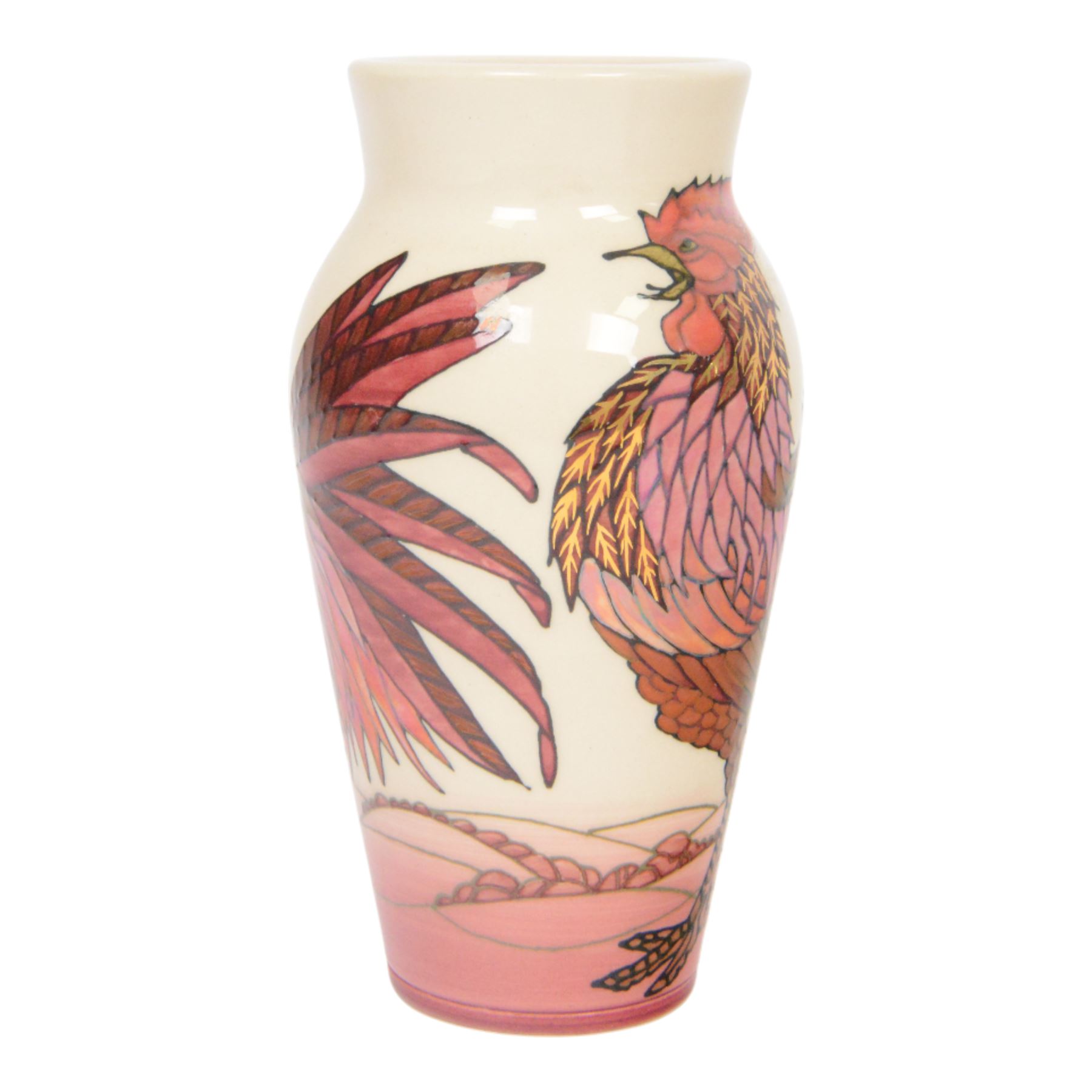 Dennis Chinaworks, Cockerels vase, dated 2005, baluster form decorated with red lustre cockerels on a white ground, limited edition 5/25, printed and painted marks beneath, H21cm