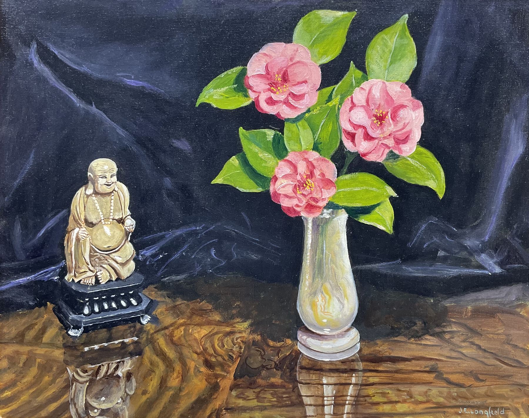JE Longfield (20th century): Still Life with Buddha, oil on board signed 40cm x 50cm