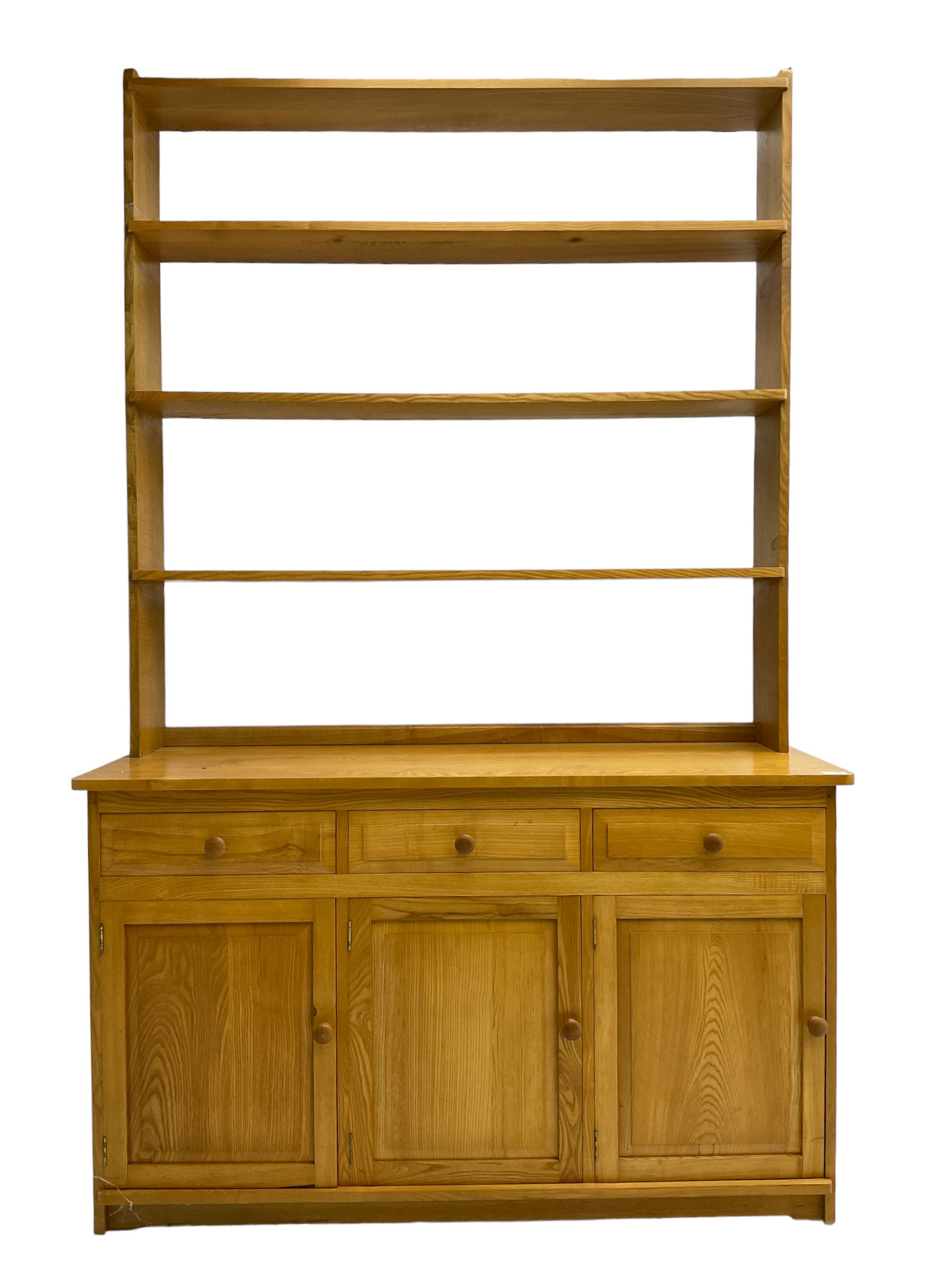 Treske - ash dresser, raised three height plate rack over three drawers and three panelled cupboards
