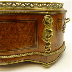  Pair late 19th/ early 20th century French kingwood two handled jardiniere's of serpentine form with cubed parquetry panels, four gilt metal mounts depicting a panther attacking a snake, below a pierced gallery, with removable tin liner on four toupie feet, L43cm x H20cm x D27cm. Provenance Property of Bob Heath, Brandesburton Formerly of Ravenfield Hall Farm near Rotherham  