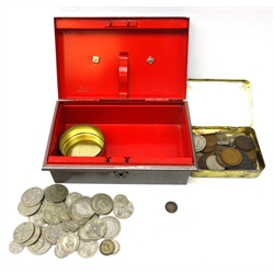 Collection of Great British and World coins including approximately 360 grams of pre 1947 British silver coins, Charles II undated threepence, George V 1919 half crown, 'Napoleon III Empereur Exposition Universelle' medallion, George III 1806 half penny and other coinage, in a metal cash tin  