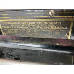 Edison Standard Phonograph with oak base (no cover), the reproducer marked 'Model C', serial no. 634857, last patent date Oct.1905, with black japanned conical horn L33cm; together with five cylinders