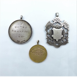  9ct gold medal, Whitby Regatta 1934 hallmarked 3.2gm and two hallmarked silver medals   