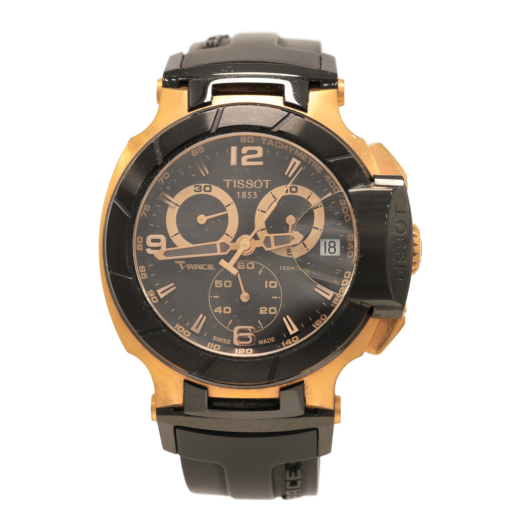 Tissot T-Race gentleman's stainless steel chronograph quartz wristwatch, Ref. T04817, black dial with Arabic and indexes hour markers and subsidiary dials, on black rubber strap with fold-over clasp, boxed with warranty card dated 2012