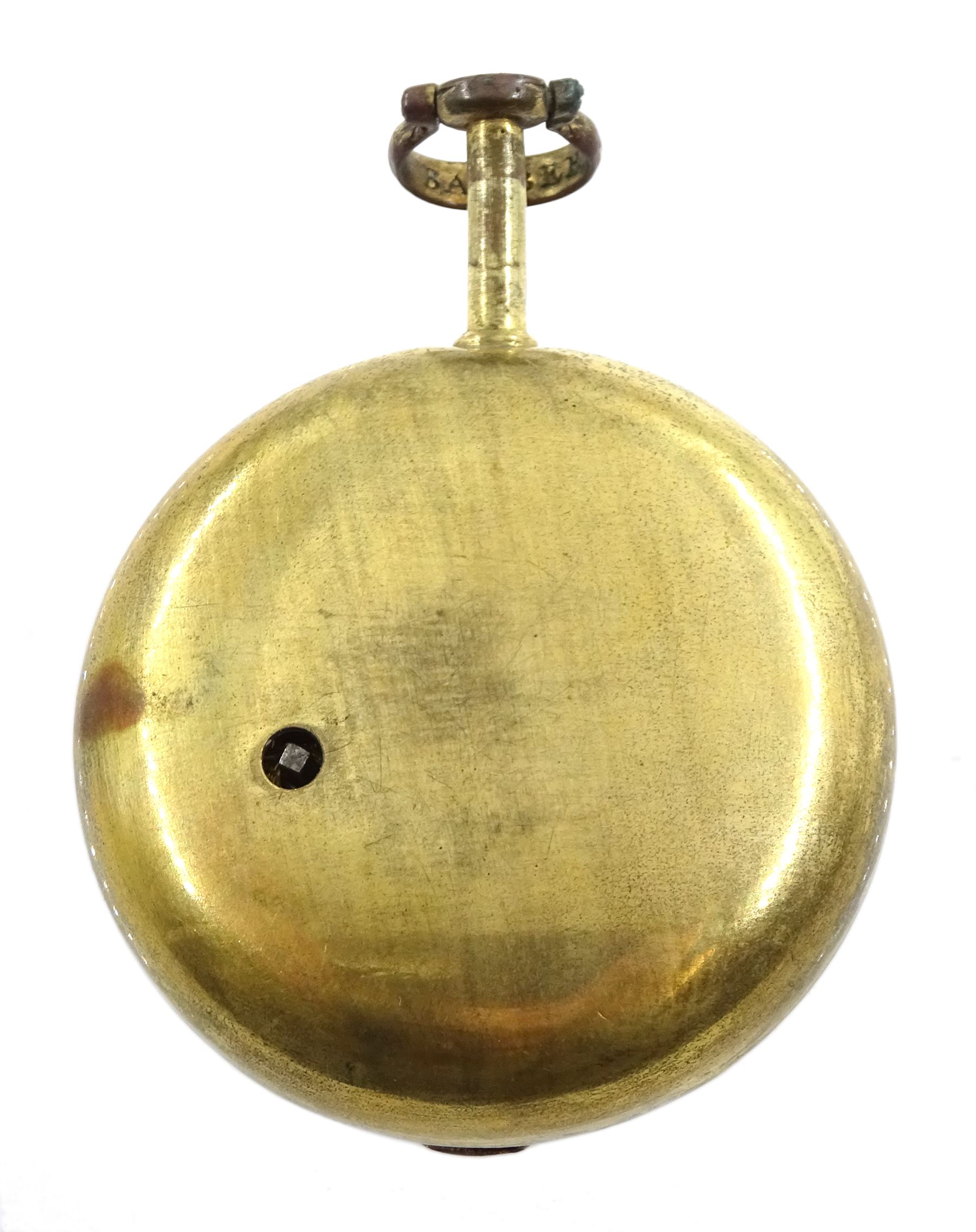 George III gilt metal, triple cased verge fusee pocket watch, for the Turkish market by Benjamin Barber, London, No. 6187, tulip pillars, pierced and engraved balance cock decorated with a classical urn, white enamel dial with Turkish numerals, the outer tortoiseshell case, with pique work borders