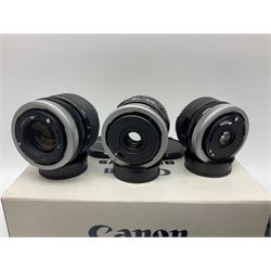 Collection of Canon lenses, to include 'Canon Lens FD 100mm 1:2.8', serial no 12821, 'Canon Lens FD 200mm 1:4' serial no 245313, 'Macro Canon Lens FL 50mm 1:3.5', serial no. 25505, 'Canon Lens FD 135mm 1:3.5 etc, together with other Canon equipment, including Bellows FL, Slide Duplicator etc 