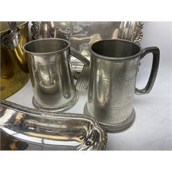Brass jam pan, D28cm, quantity of horse brasses, silver-plate, and pewter tankards