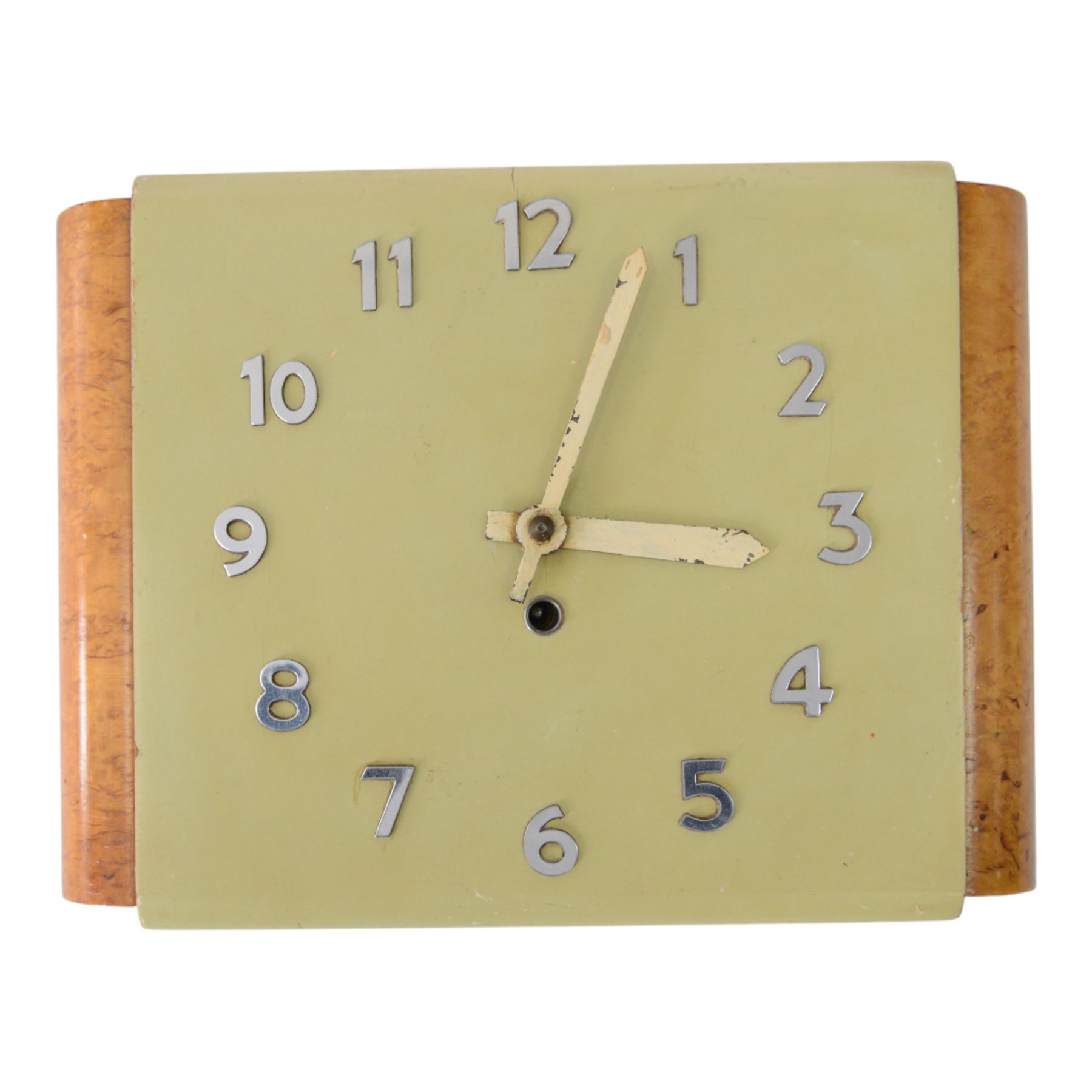 EPNS cocktail shaker with pourer, set of peacock cocktail sticks in matching stand and an Art Deco wall clock