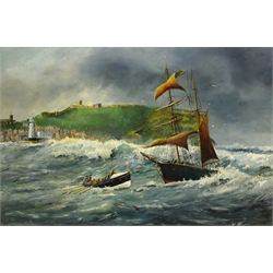  Robert Sheader (British 20th century): Scarborough Lifeboat on a Rescue off Scarborough in Stormy Seas, oil on board signed 50cm x 75cm  