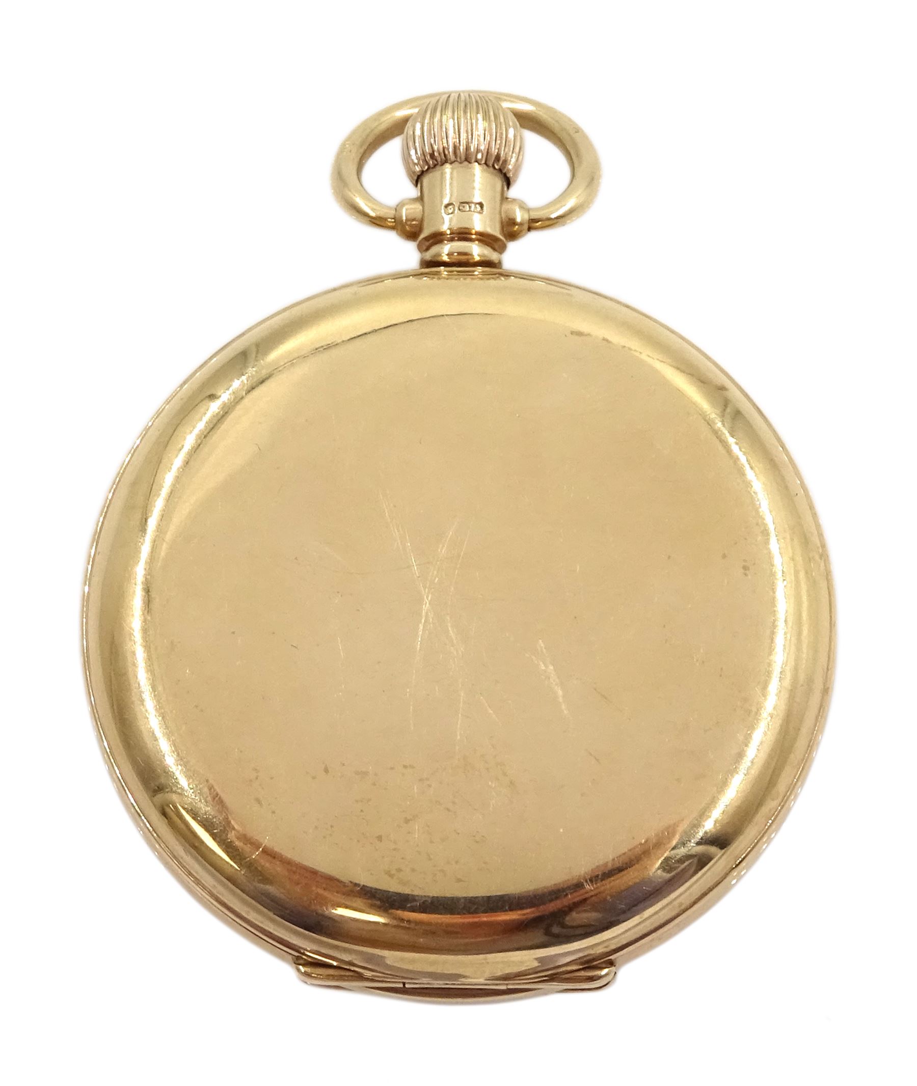 Early 20th century 9ct gold full hunter Swiss lever pocket watch by Rolex, white enamel dial with Roman numerals and subsidiary seconds dial, case by Dennison Watch Case Co, Birmingham 1929, retailed by Barraclough & Sons Lt, Leeds