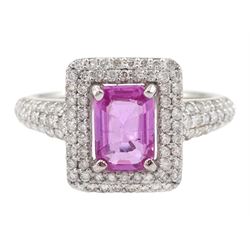 18ct white gold pink sapphire and diamond cluster ring, with diamond set shoulders, stamped sapphire approx 0.85, total diamond weight 0.62