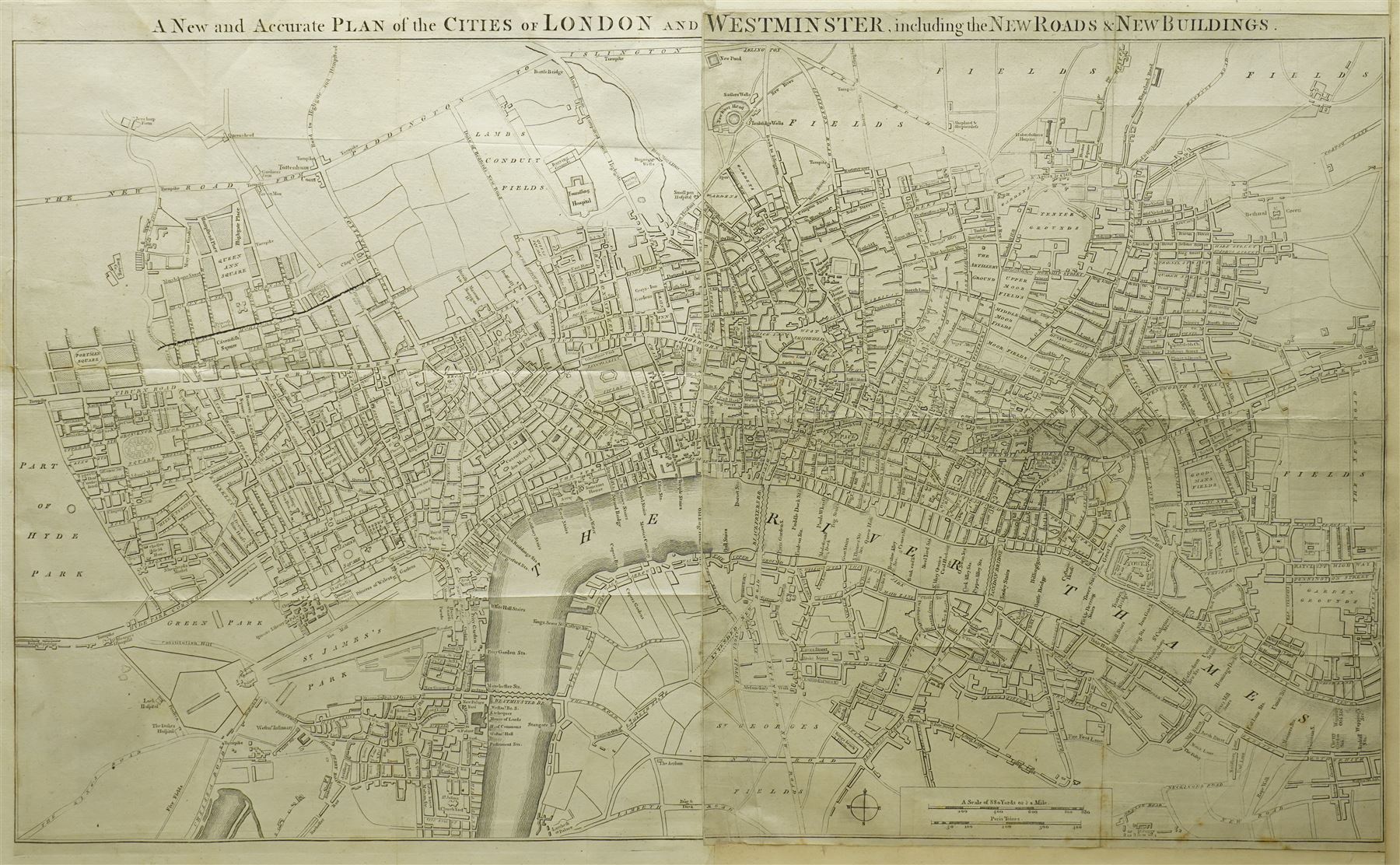 English School (18th century): ‘A New and Accurate Plan of the Cities of London and Westminster including the New Roads & New Buildings’, scarce 18th-century engraved two-sheet map of London and Westminster (closely matching the c.1762 issue held by the Library Company of Philadelphia), pub. c.1762-65, 43cm × 71cm