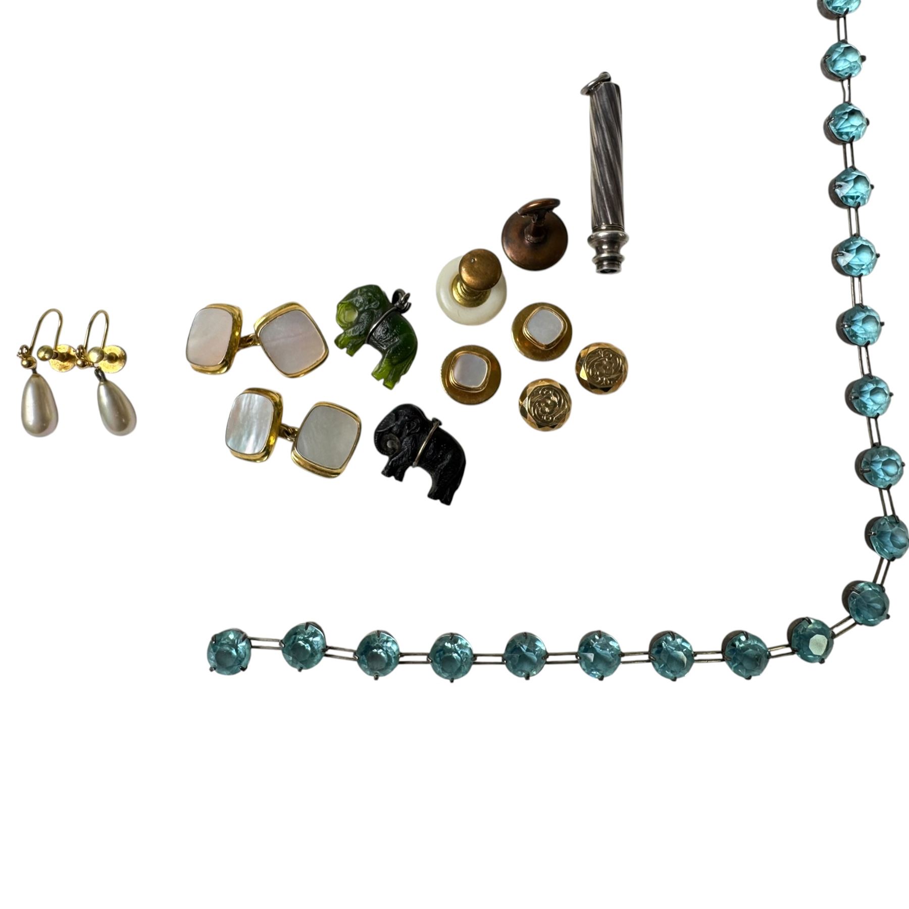 9ct three tone gold bracelet, hallmarked, pair of 9ct gold faux pearl screw back earrings, stamped 9ct, silver jewellery including bracelet, buckle ring and bangle, silver mother of pearl handled fruit knife and a collection of costume jewellery