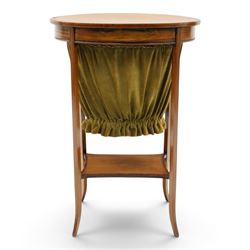 Edwardian inlaid satinwood oval sewing or work table, crossbanded and ebony-strung hinged top enclosing fitted compartment and olive-green upholstered well, raised on square tapering splayed supports united by under-tier 