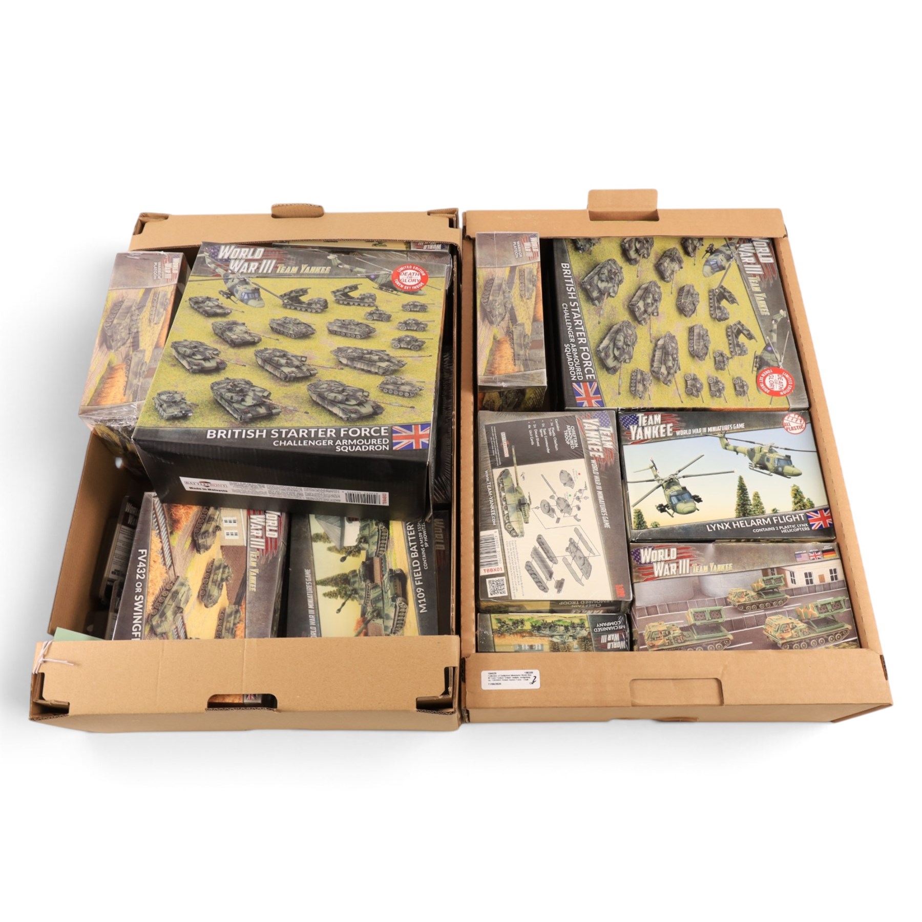 Collection of Battlefront Miniatures World War III Team Yankee 'British' models, comprising no. TBRAB03 British Starter Force - Challenger Armoured Squadron, no. TBBX07 Tracked Rapier Sam Section, no. TBBX12 Warrior Platoon, and others, mostly 1:100, all boxed