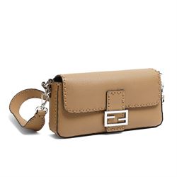 Fendi - Selleria Baguette shoulder bag, tan grained leather with hand-stitched detailing, palladium-tone FF buckle fastening, detachable leather top handle and shoulder strap, with authenticity card, dust bag and box