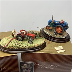 Four Country Artists figure groups comprising of limited edition The Railway Family by Paul Szeiler, model no 01738, 299/750, on wooden base with box, Job Done by Keith Sherwin, model no 02366, on wooden base with box, First Cut by Keith Sherwin, model no CA947, 99/850, on wooden base, The Last Furrow by Keith Sherwin, model no CA732 on wooden base. (4)
