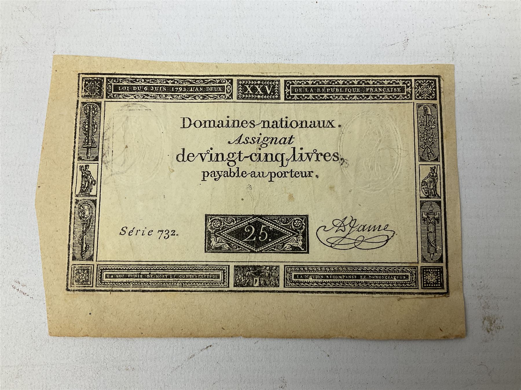 Five French Revolutionary period assignat notes (notes of this type were issued between 1789 and 1796), each mounted on paper