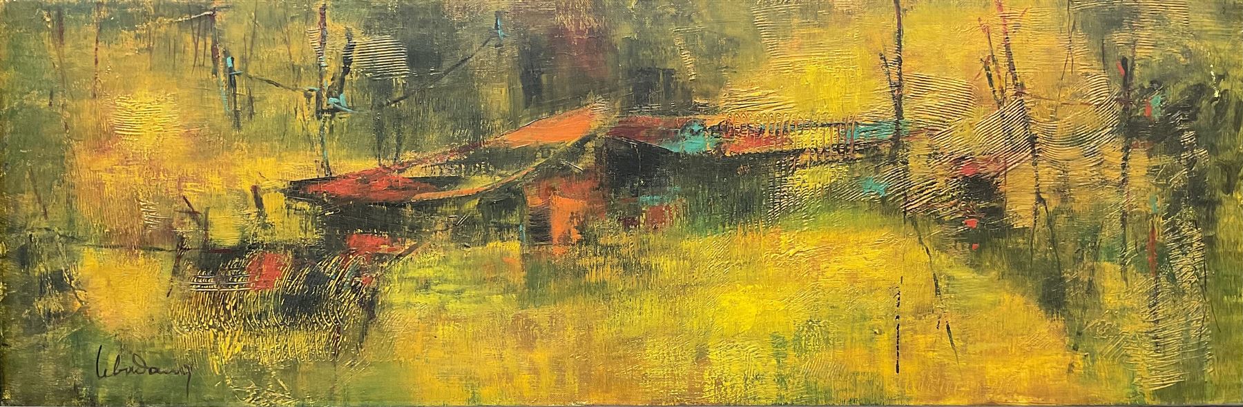 Le Ba Dang (Hoi Lebadang) (Vietnamese/French 1921-2015): Moored Boats, oil on canvas signed 20cm x 60cm