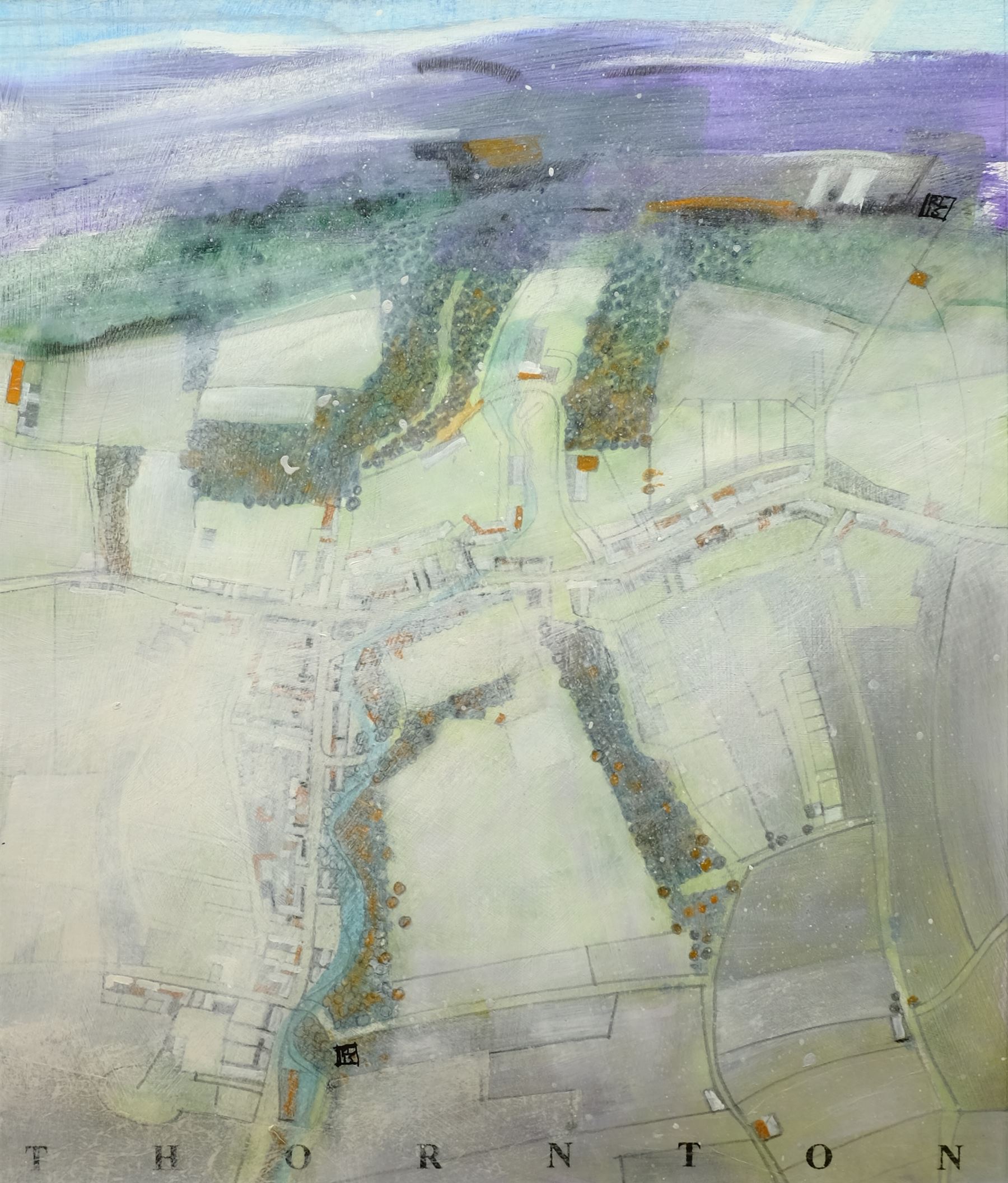 Russell Lumb (British 1946-): 'Thornton', mixed media semi-abstract map titled, signed with monogram and dated '15, artist's address label verso 34cm x 29cm