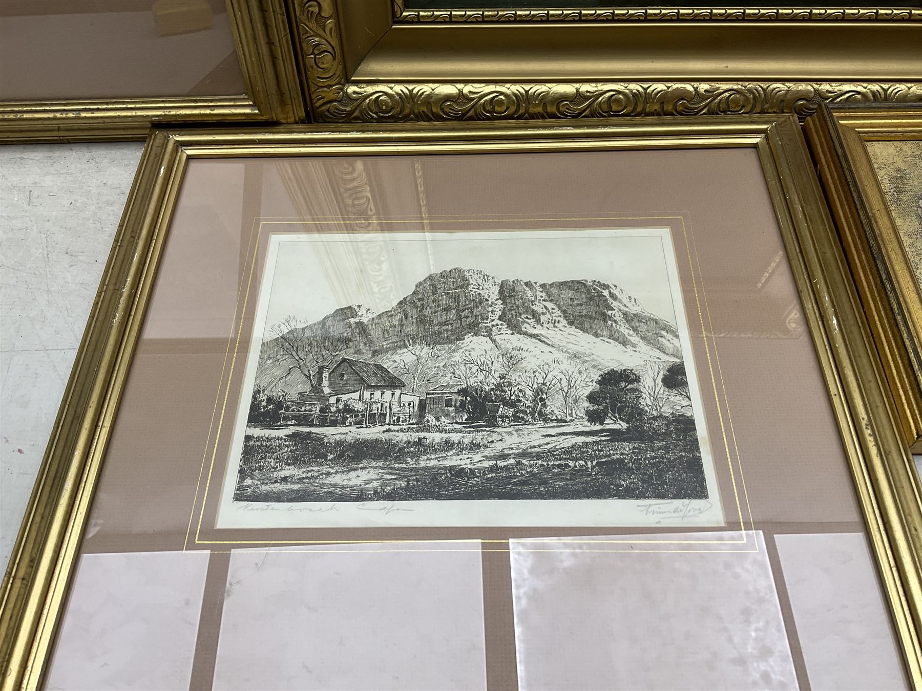 Three oil paintings and two etchings, faintly or indistinctly signed, largest 28cm x 39cm (5)