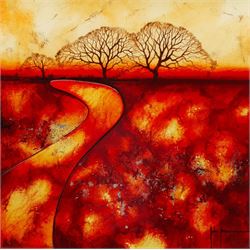 John Horsewell (British 1956-): Winding Road leading to Trees, mixed media in textured gloss finish signed 57cm x 57cm 