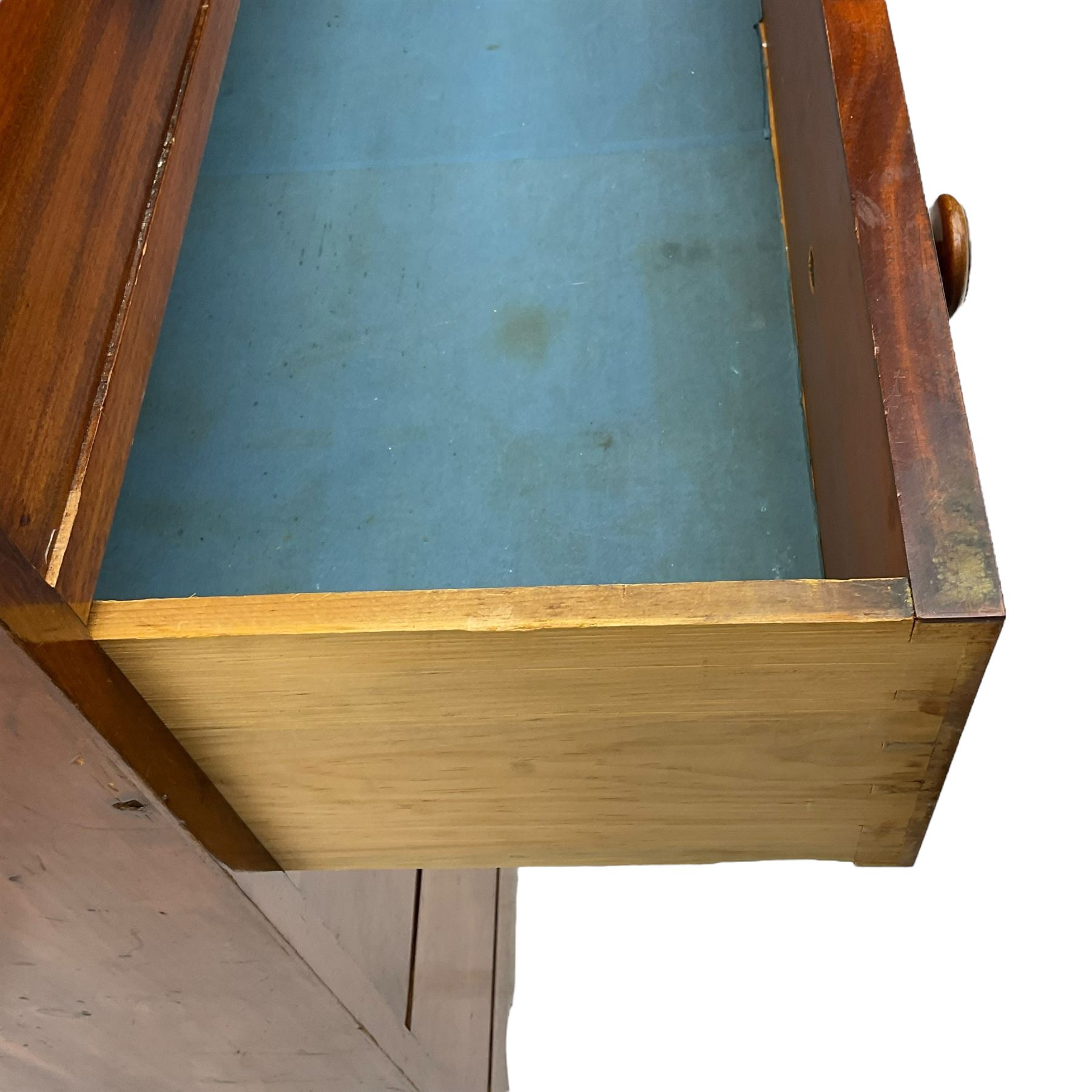 19th century mahogany and pine chest, moulded rectangular top over two short and three long drawers, on shaped apron with bracket feet