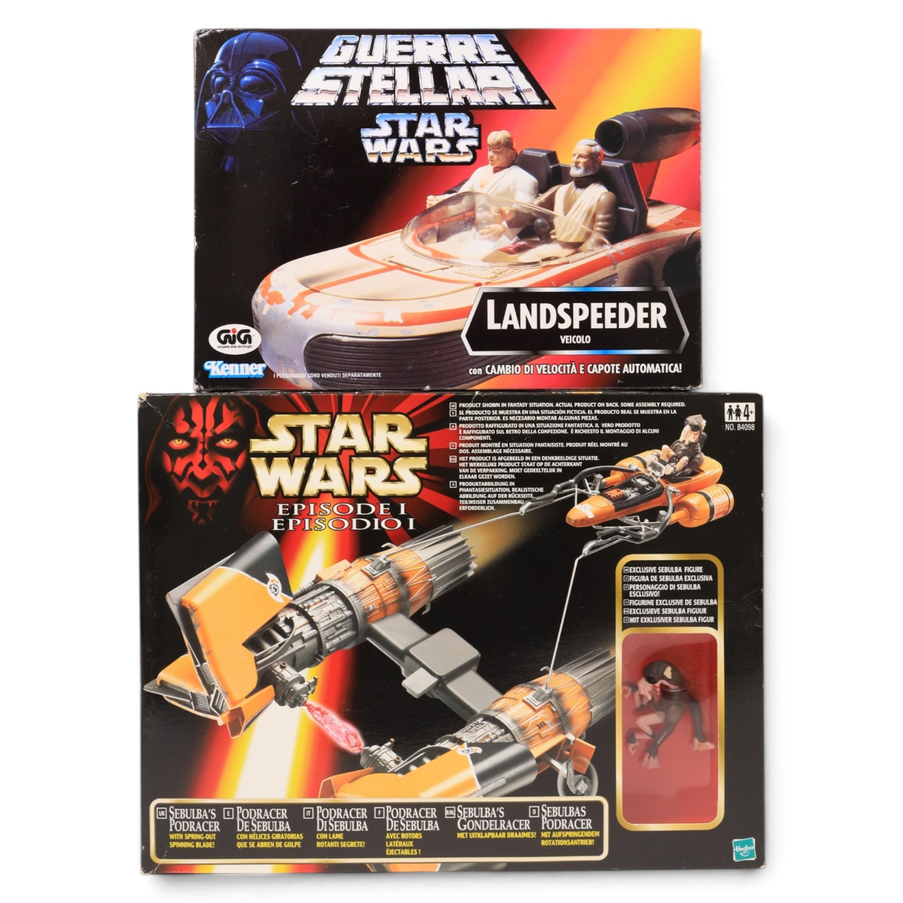 Collection of modern Star Wars figures and vehicles, comprising Kenner Landspeeder, Kenner Caccia Tie (Tie Fighter), Hasbro The Saga Collection Mace Windu's Jedi Starfighter, Hasbro Revenge of the Sith Grievous' Wheel Bike, Hasbro Episode I Sebulba's Podracer, two Hasbro Revenge of the Sith figures Darth Vader and Emperor Palpatine, two Hasbro 500 Darth Vader figures, hasbro Star Wars #1 comic pack, Hasbro Star Wars Celebration III, Unleashed Asajj Ventress and Obi-Wan Kenobi and Issue #1 of the DeAgostini Star Wars Figurine collection magazine, all boxed