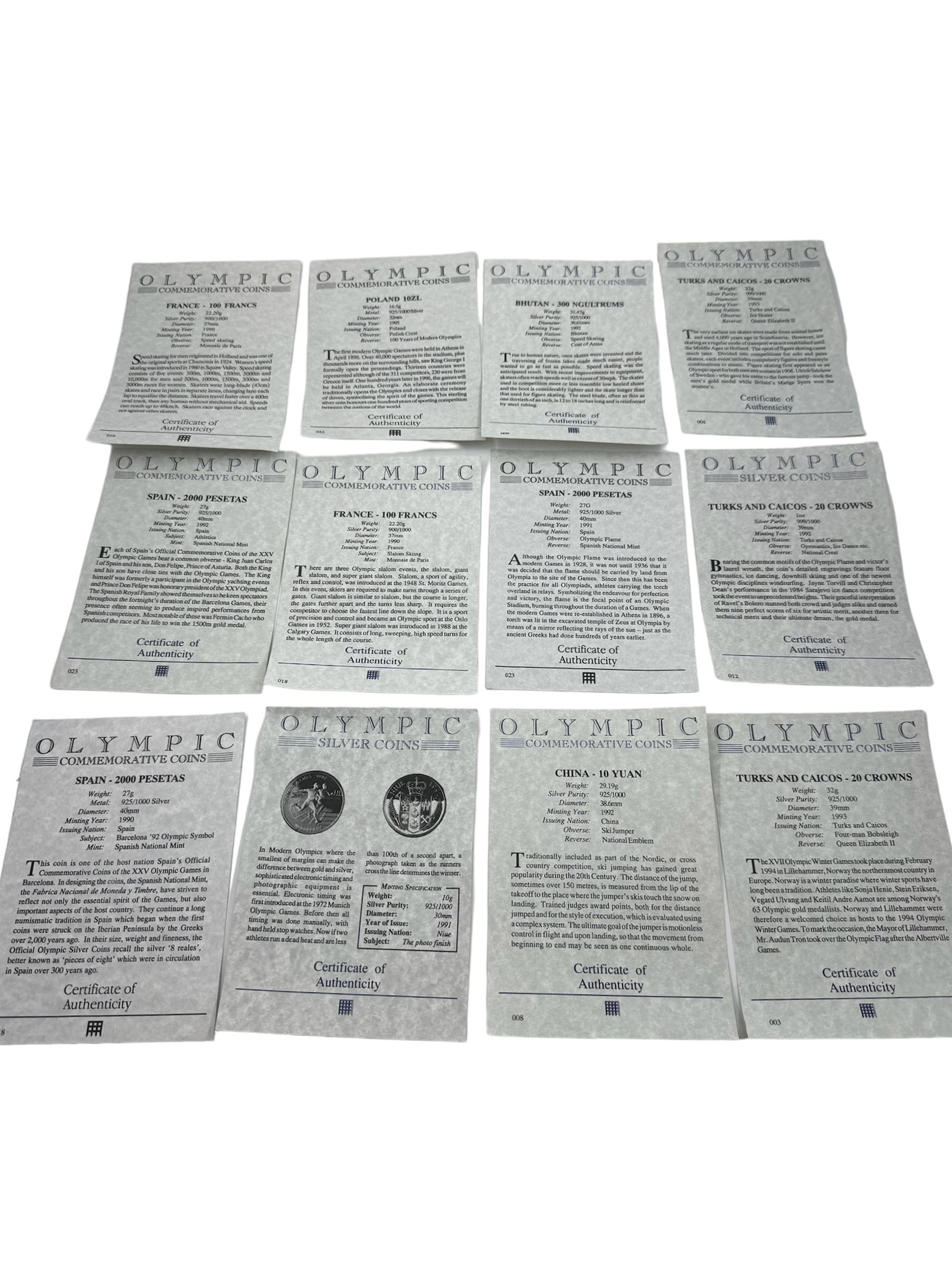 Twelve 'Olympic Commemorative' silver coins, including France 1990 'Slalom Skiing' one-hundred francs, China 1992 'Ski Jumper' ten yuan, Bhutan 1992 'Speed Skating' three-hundred ngultrums, Turks and Caicos Islands 1993 'Four-man Bobsleigh' twenty crowns etc, all with Westminster certificates