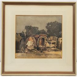 Frederick (Fred) Lawson (British 1888-1968): Romany Gypsy Caravans at Redmire Feast, watercolour signed with initials 22cm x 24cm
