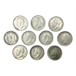 Ten King George V 1914 silver half crown coins
