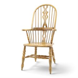Traditional elm Windsor armchair, hooped spindle back with pierced splat, shaped elm seat,...