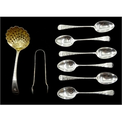Set of five silver teaspoons, similar sugar tongs and silver sugar sifting spoon, engraved and bright cut decoration by Joseph Rodgers & Sons, Sheffield 1904/5 approx 5.5oz