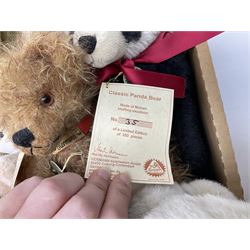 Quantity of teddy bears, predominantly Hermann examples, to include limited edition examples, Little Hilde, Classic Panda Bear, A Handful of Joy, etc, together with Merrythought bear, Martin Germany bears, bear with growler etc in two boxes