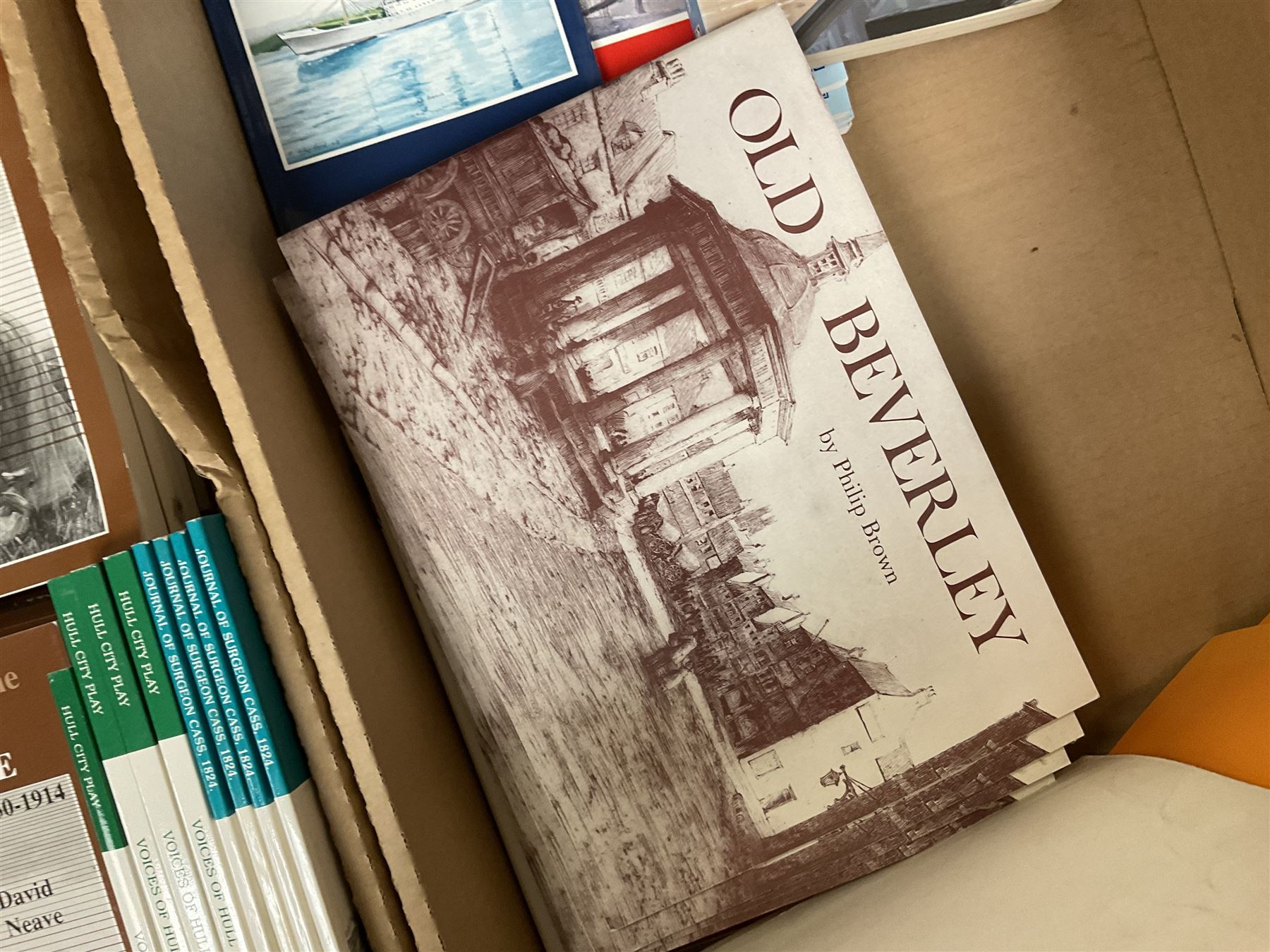 Books - Thirty seven copies of Mutual Air in the Victorian Countryside 1830-1914 by David Neave, four copies of Voices of Hull Real-Life Stories from the Hull City Play edited by Trevelyan Wright, four copies of The Journal of Surgeon Cass Aboard the Whaler 'Brunswick' of Hull, 1824 edited by A G Credland, four copies of This Righteous War by B S Barnes, four copies of Flying Sail Humber Keels and Sloops by Michael E Ulyatt, four copies of Old Beverley by Philip Brown, etc., in two boxes 