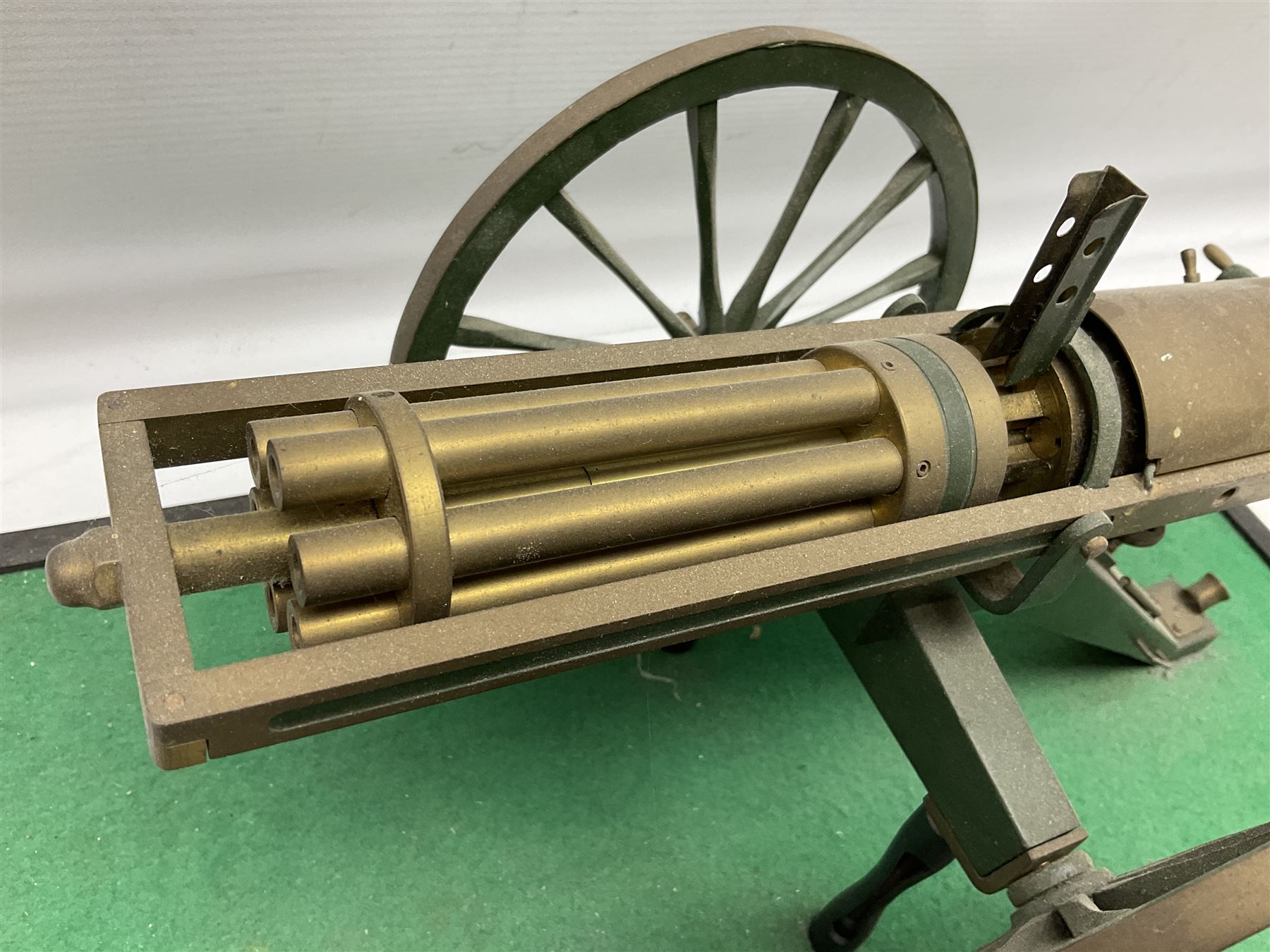 Scratch built brass model of an 1861 Gatling Gun with rotating barrels