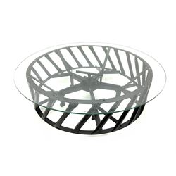 Reclaimed wrought iron vintage agricultural wheel coffee table with circular glass top, black paint finish