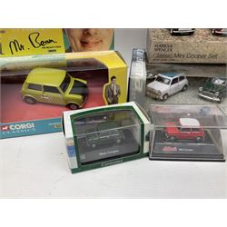 Various makers die-cast Mini cars - Cararama set of five; TechniToys SCX Vintage limited edition Mini Cooper; M&S Mini Cooper set; various Corgi including Mr. Bean; Vanguards Austin Seven mini van etc; all boxed (10)