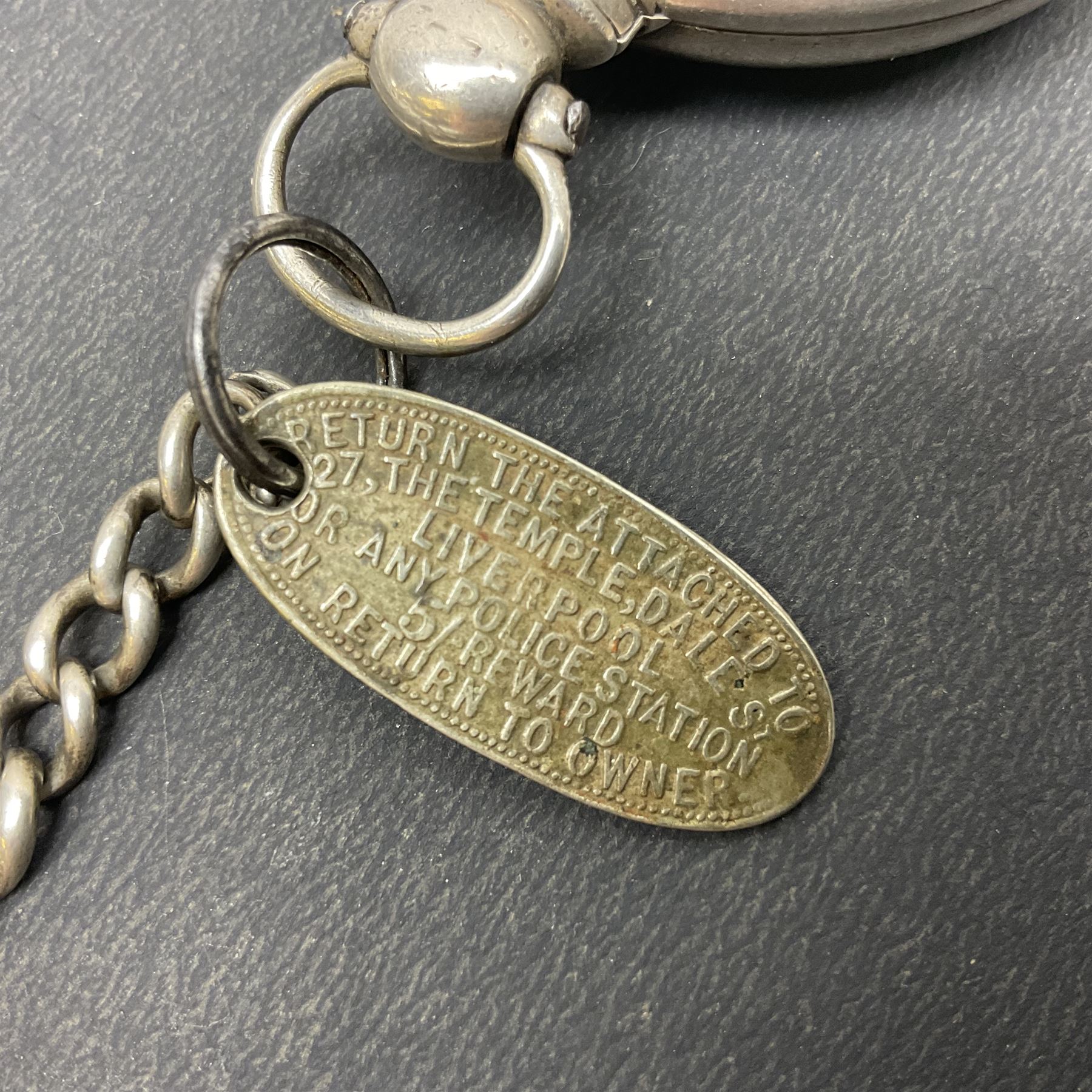 Victorian silver pair cased fusee lever pocket watch, No. 6765, cream enamel dial with Roman numerals, case makers mark R.S, Birmingham 1861, on silver Albert chain