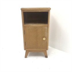 Vintage light oak chest, four drawers, outs played tapering supports (W72cm, H119cm, D49cm and matching bedside cabinet, single cupboard (W36cm, H69cm, D36cm)